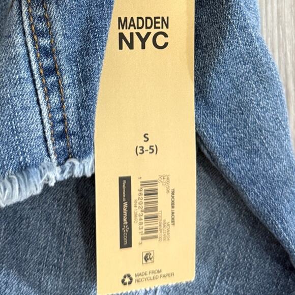 Madden NYC NWT Blue Cropped Denim Jacket Medium Wash Distressed Womens Size S - Picture 4 of 10